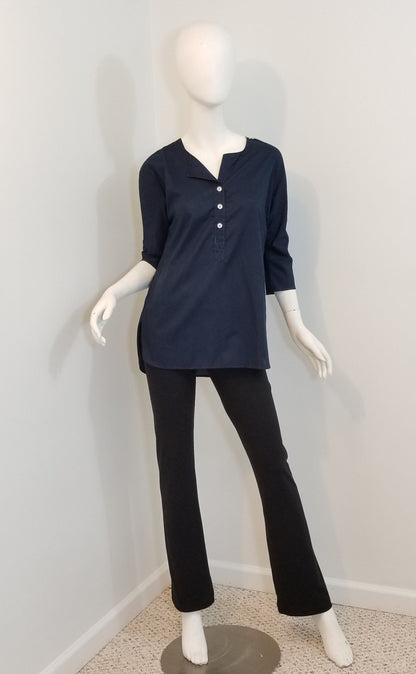 Navy blue blouse buttoned women 3/4 sleeve cotton (size: US 4-6)