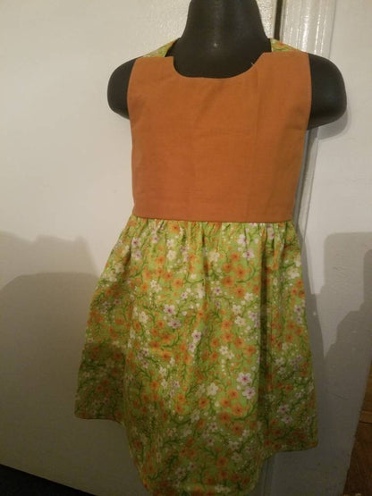 Girl's 2T crossback dress with straps two tone orange with green flowers summer cotton