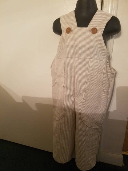 Kid's 4T overalls khaki striped seersucker cotton striped pockets unisex
