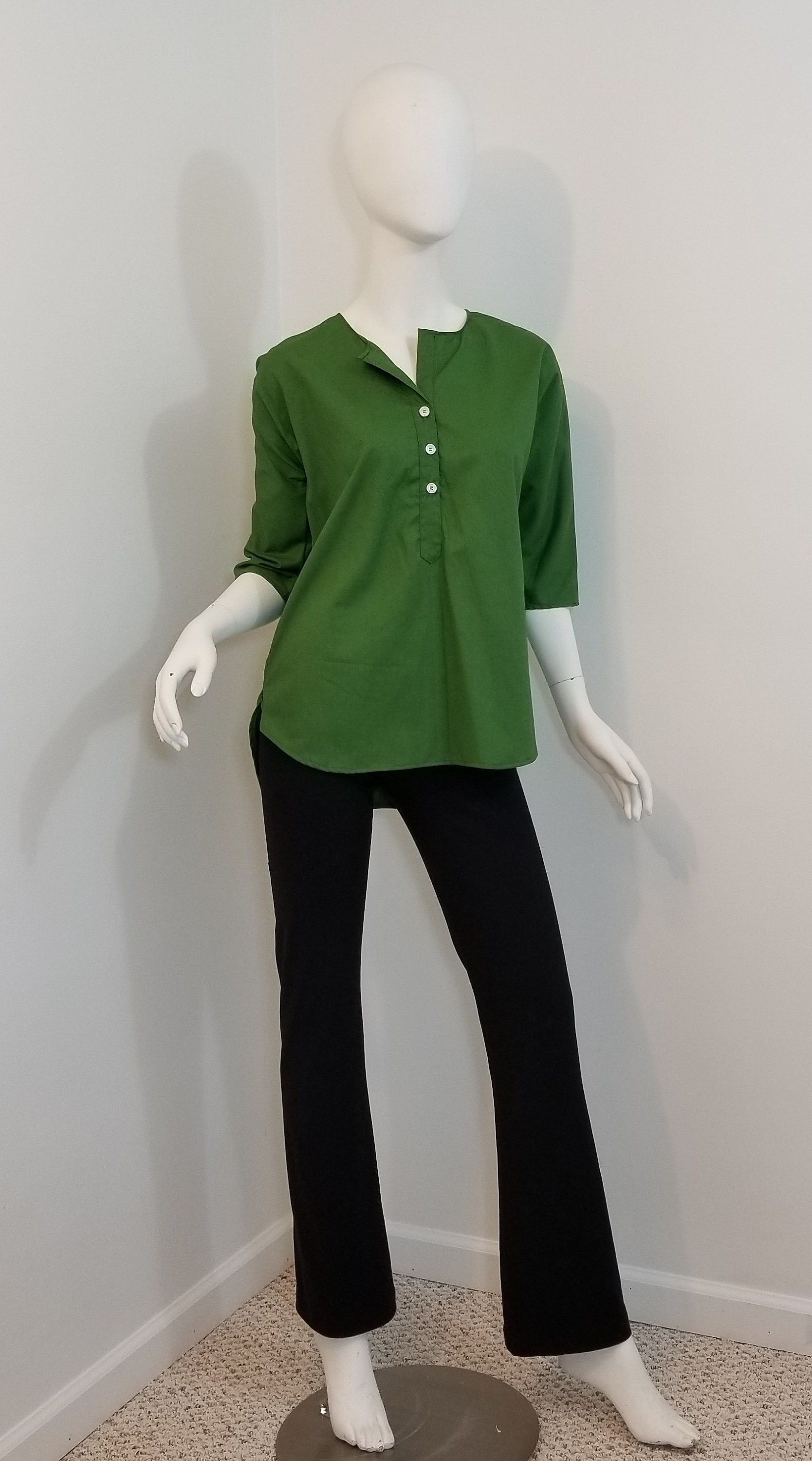 Palm green blouse buttoned women 3/4 sleeve cotton (size: US 4-6)