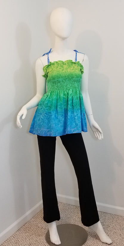 Shirred tunic blouse with straps top- gradient from pale green to pale purple (size S-M; US 6-8)