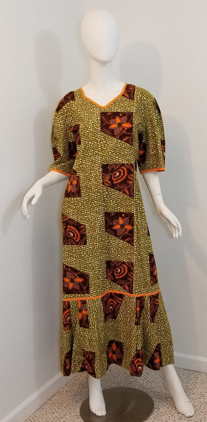 Ankara dress short sleeve African print kitenge Burnt orange and olive green cotton (size L; US 10)