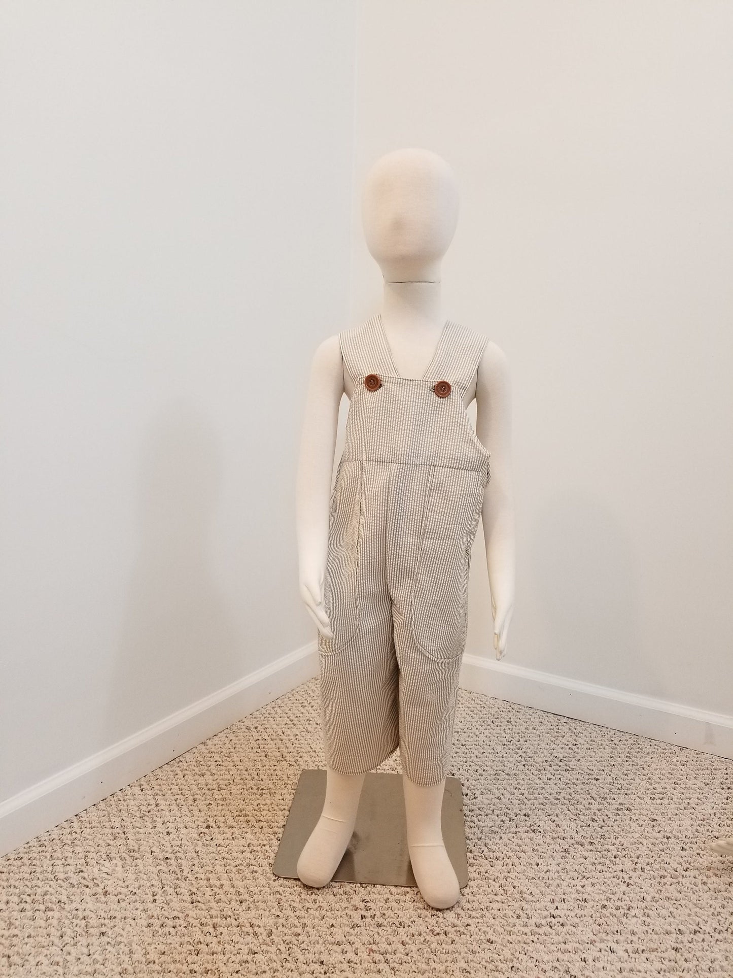 Kid's 4T overalls khaki striped seersucker cotton striped pockets unisex
