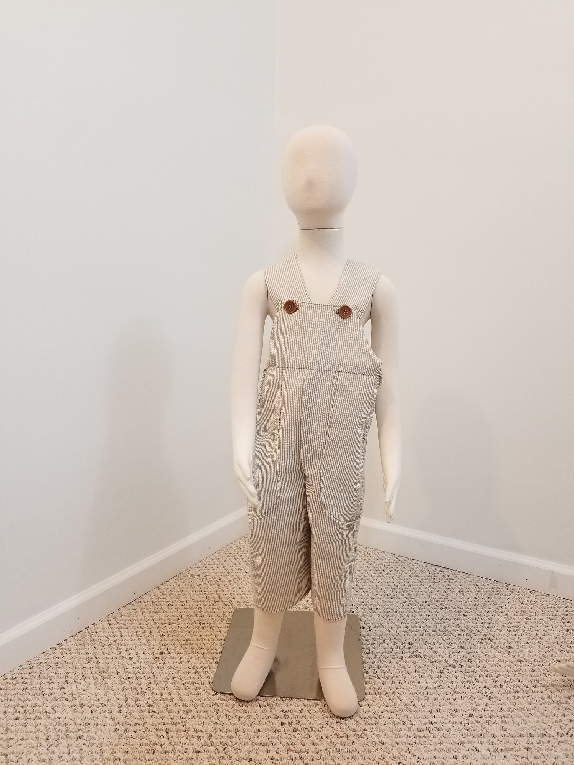 Kid's 4T overalls khaki striped seersucker cotton striped pockets unisex