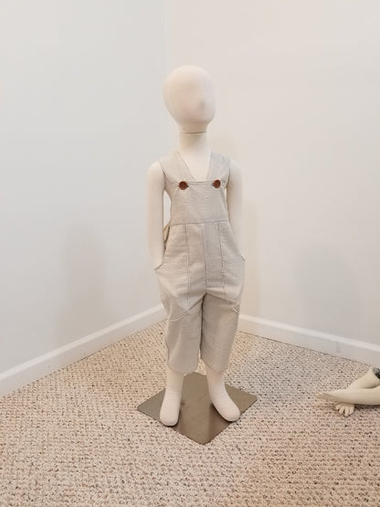 Kid's 4T overalls khaki striped seersucker cotton striped pockets unisex