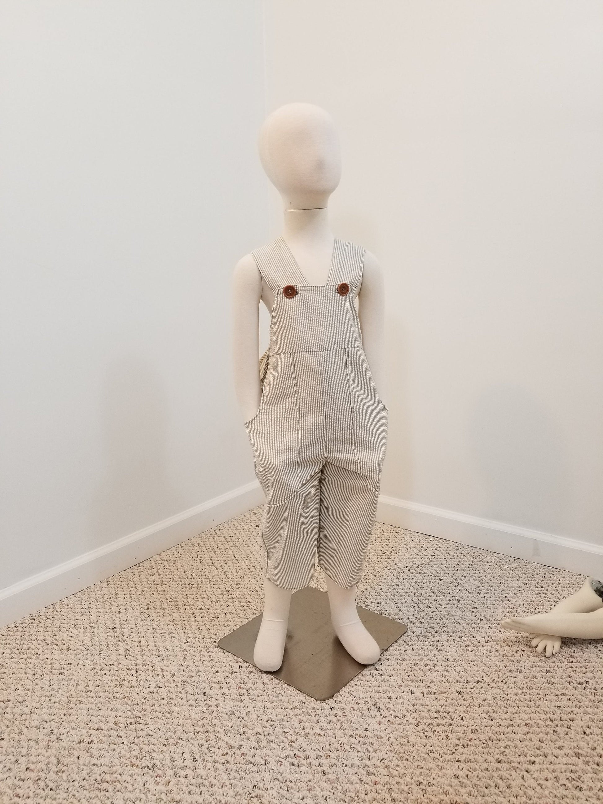 Kid's 4T overalls khaki striped seersucker cotton striped pockets unisex