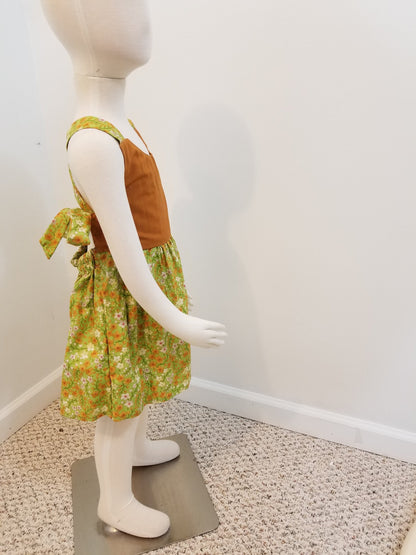 Girl's 2T crossback dress with straps two tone orange with green flowers summer cotton