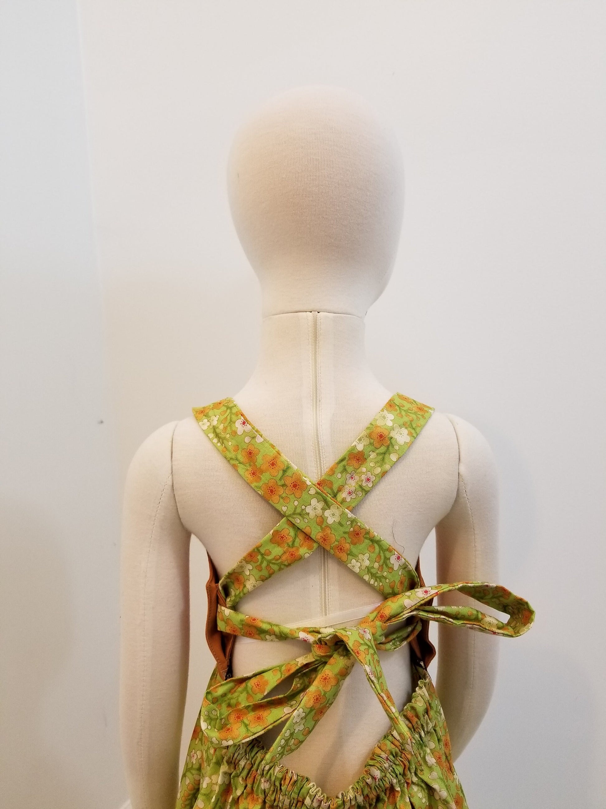 Girl's 2T crossback dress with straps two tone orange with green flowers summer cotton