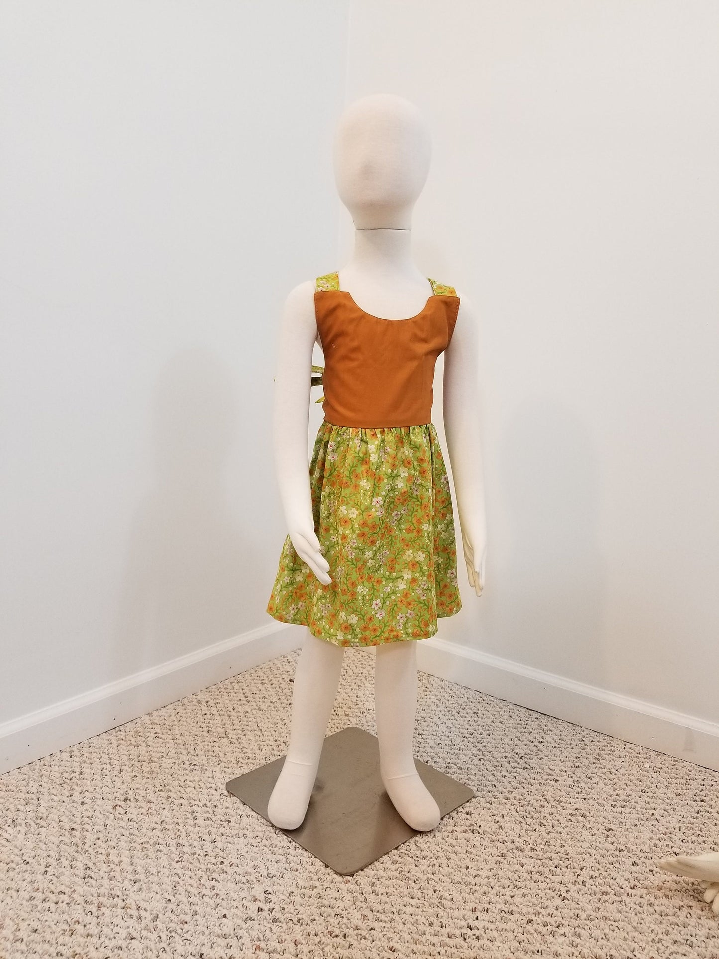 Girl's 2T crossback dress with straps two tone orange with green flowers summer cotton
