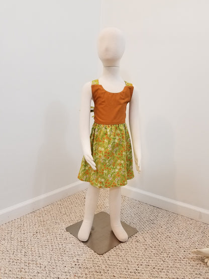 Girl's 2T crossback dress with straps two tone orange with green flowers summer cotton