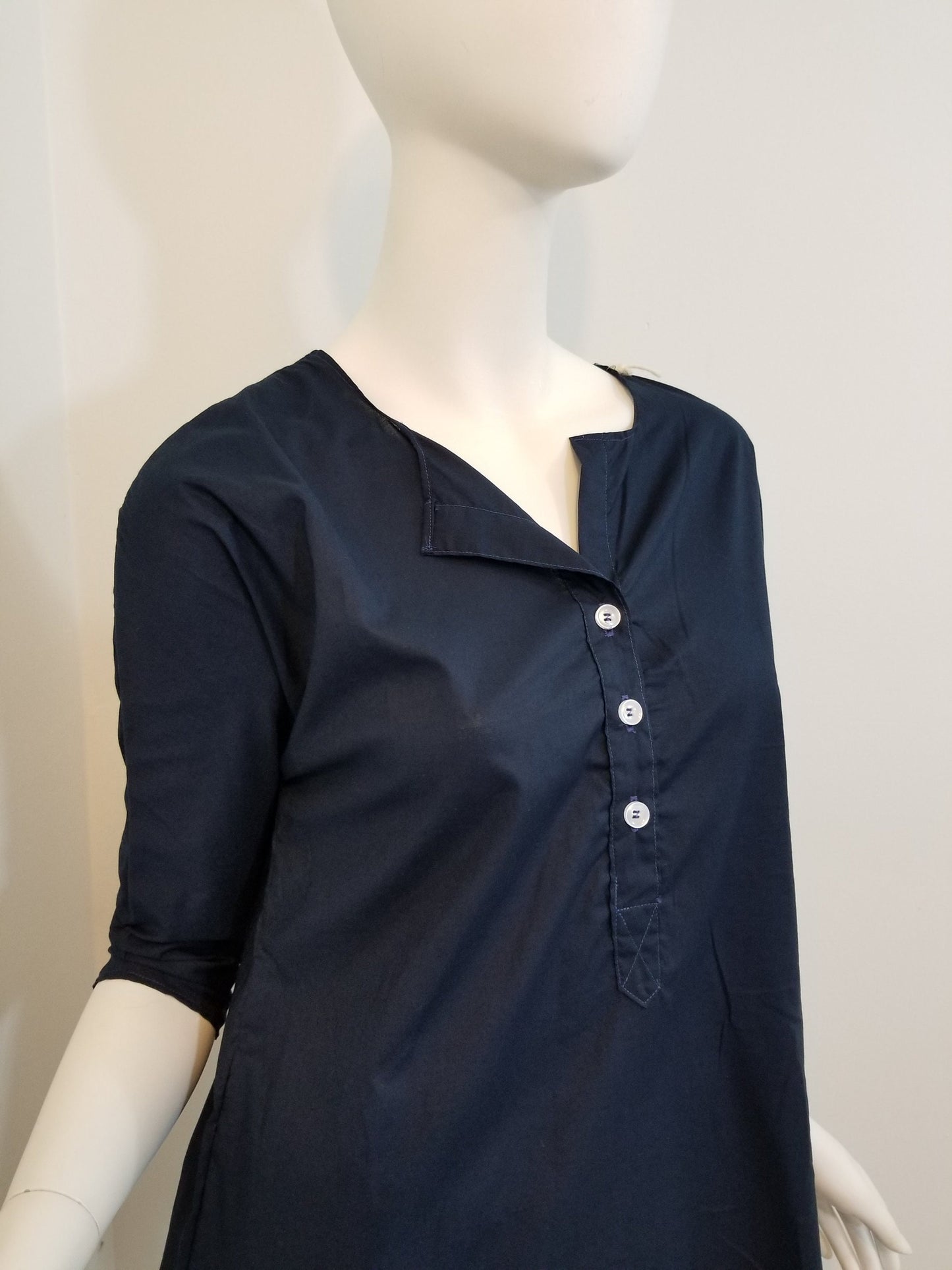 Navy blue blouse buttoned women 3/4 sleeve cotton (size: US 4-6)