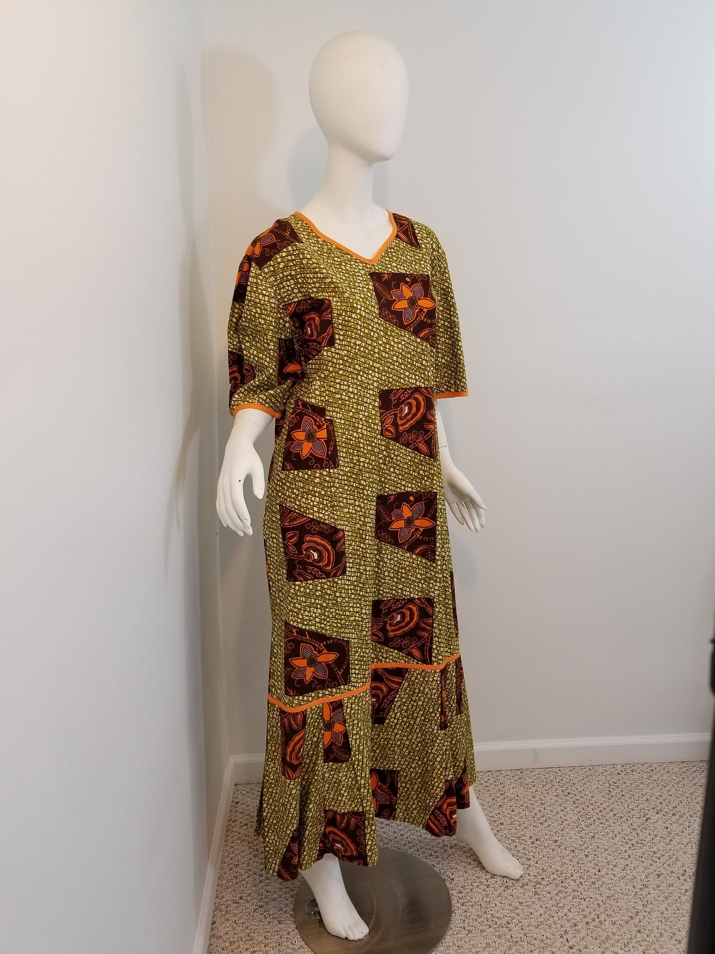 Ankara dress short sleeve African print kitenge Burnt orange and olive green cotton (size L; US 10)