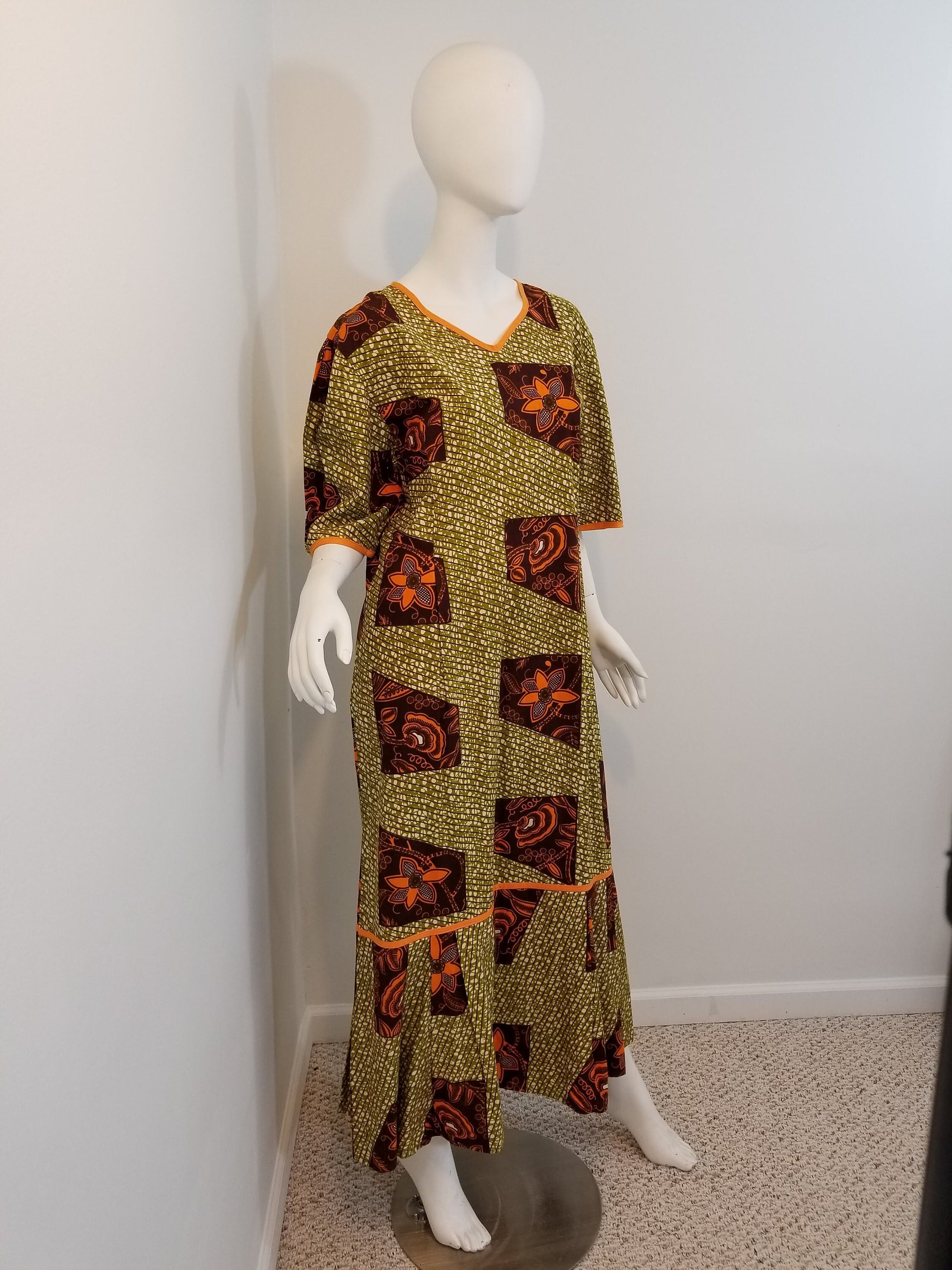 Ankara dress short sleeve African print kitenge Burnt orange and olive green cotton (size L; US 10)