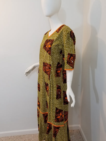 Ankara dress short sleeve African print kitenge Burnt orange and olive green cotton (size L; US 10)