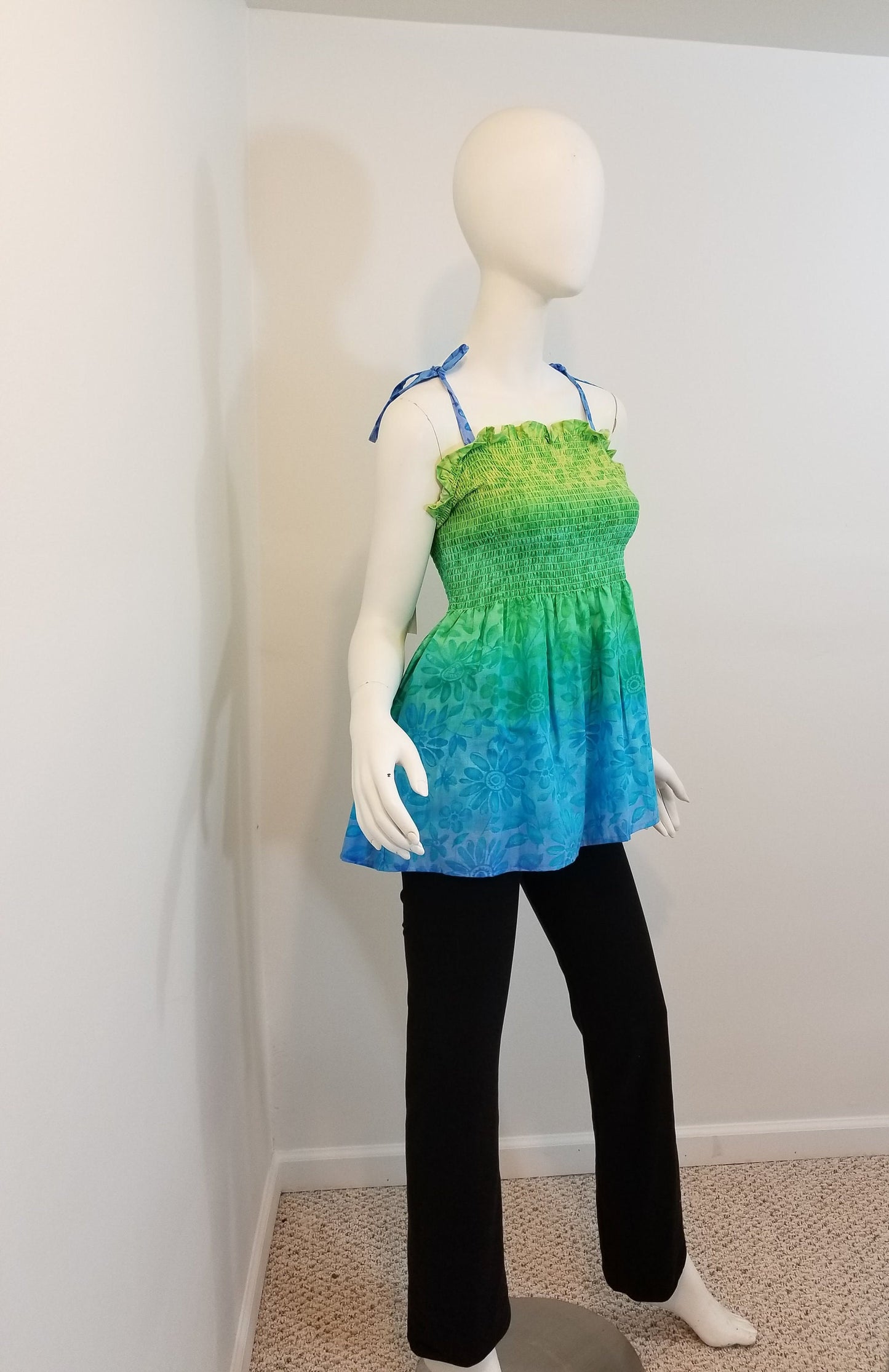 Shirred tunic blouse with straps top- gradient from pale green to pale purple (size S-M; US 6-8)