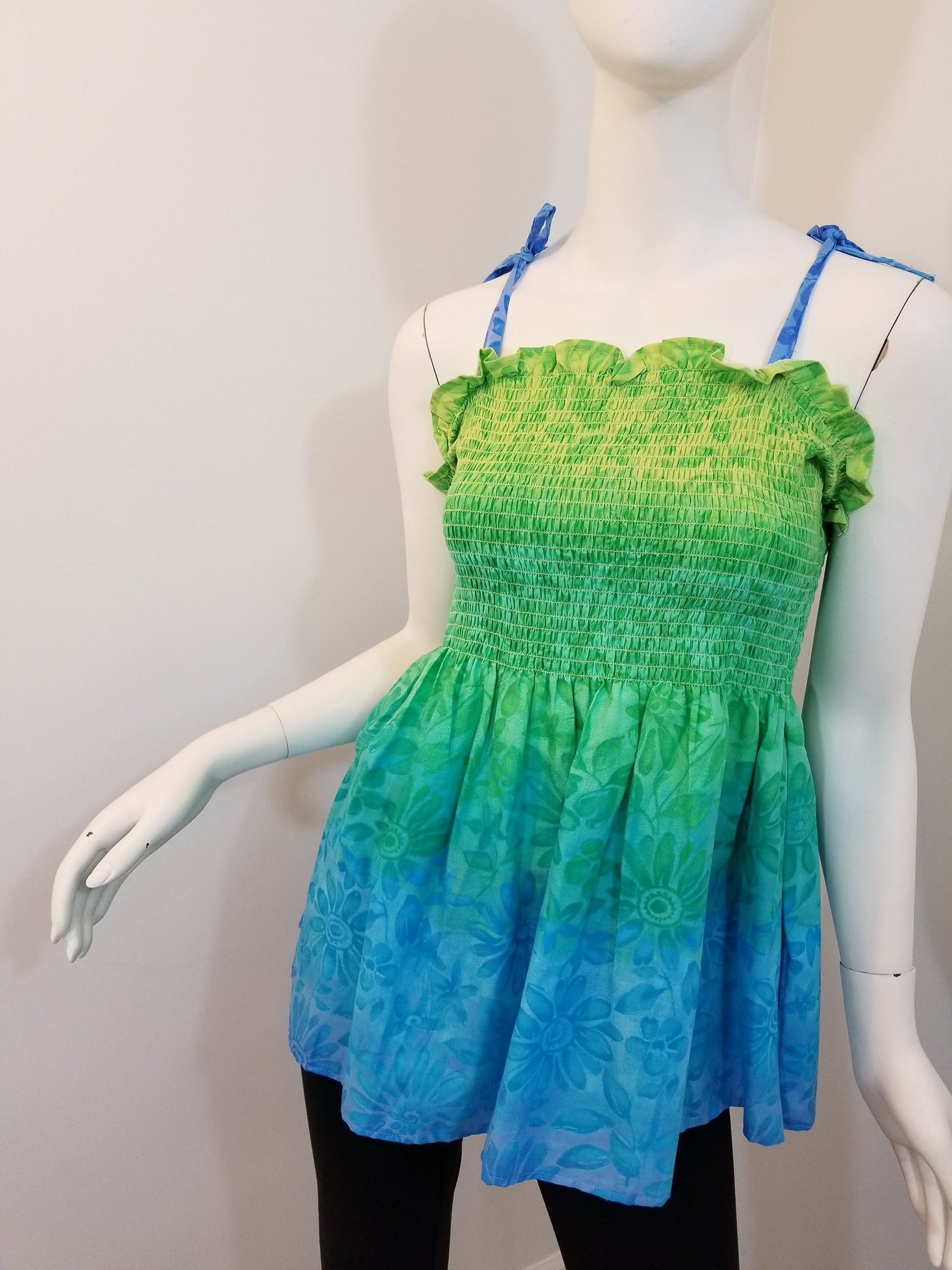 Shirred tunic blouse with straps top- gradient from pale green to pale purple (size S-M; US 6-8)
