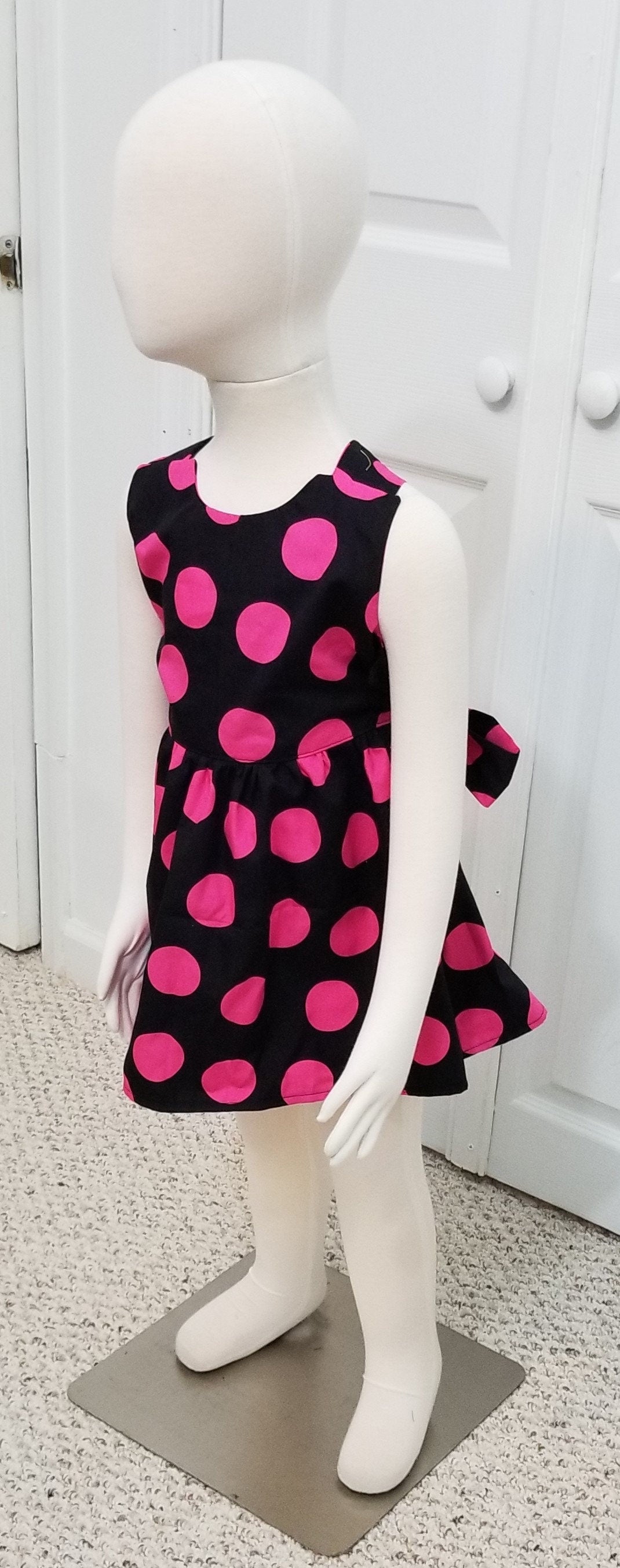 Girl's 2T crossback dress with straps pink polka dots on black summer cotton