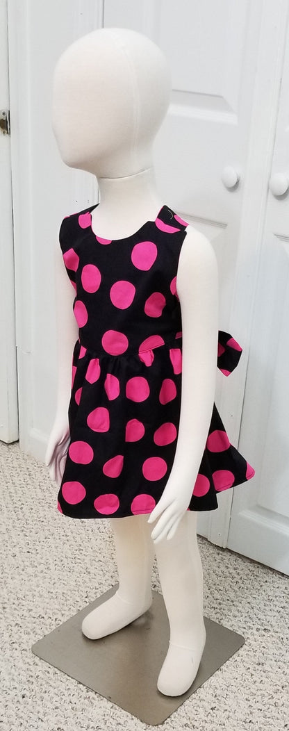 Girl's 2T crossback dress with straps pink polka dots on black summer cotton