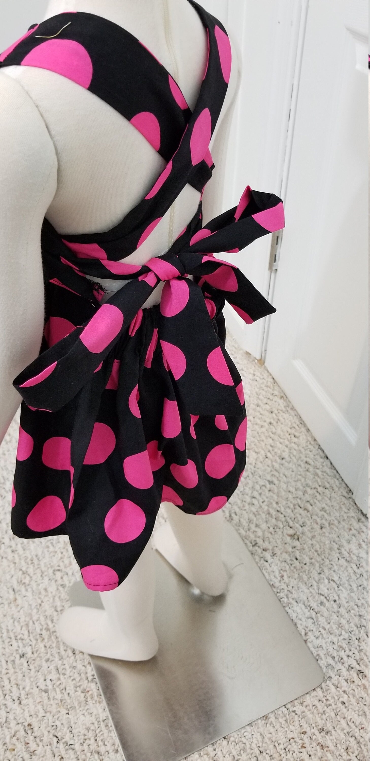 Girl's 2T crossback dress with straps pink polka dots on black summer cotton