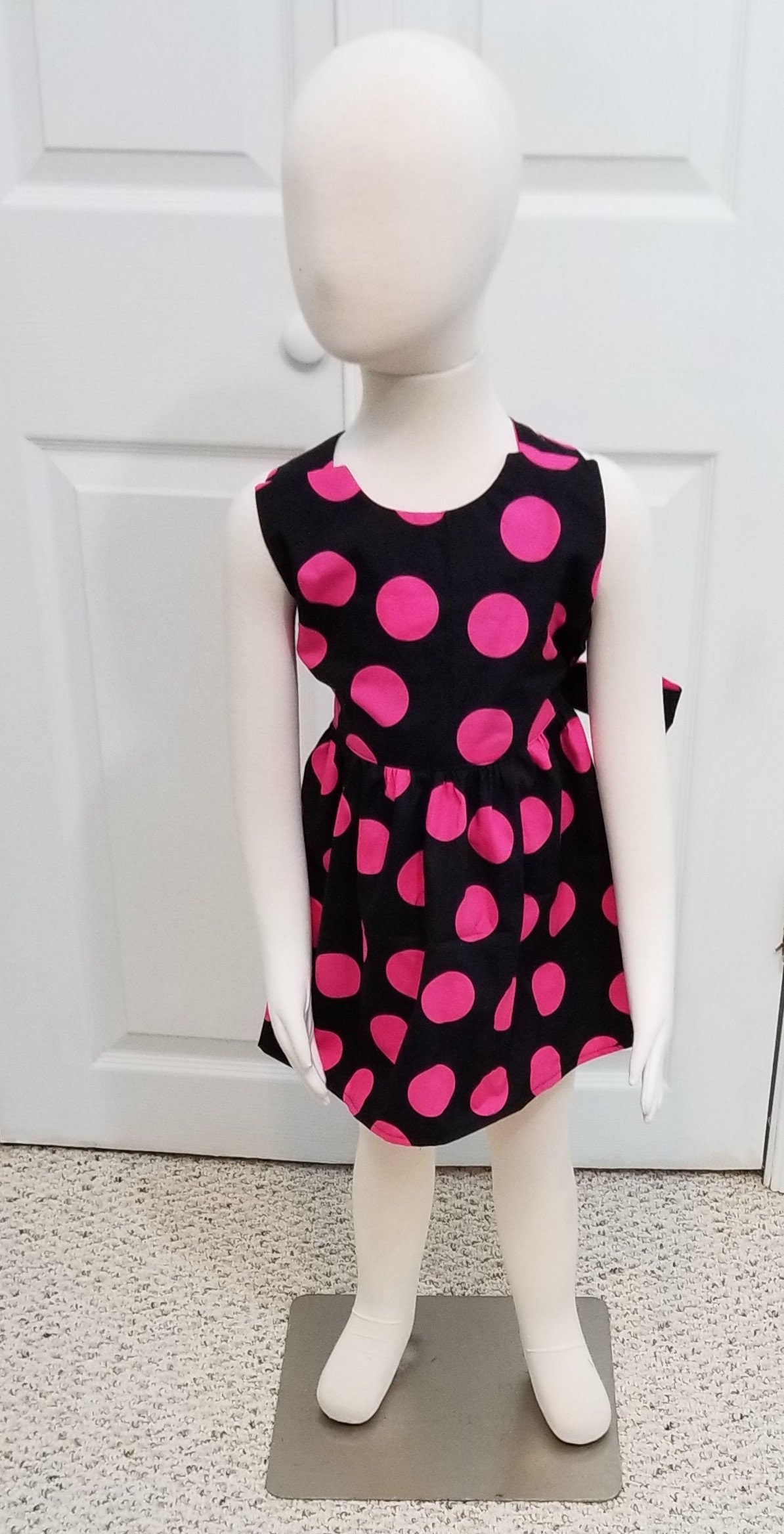 Girl's 2T crossback dress with straps pink polka dots on black summer cotton