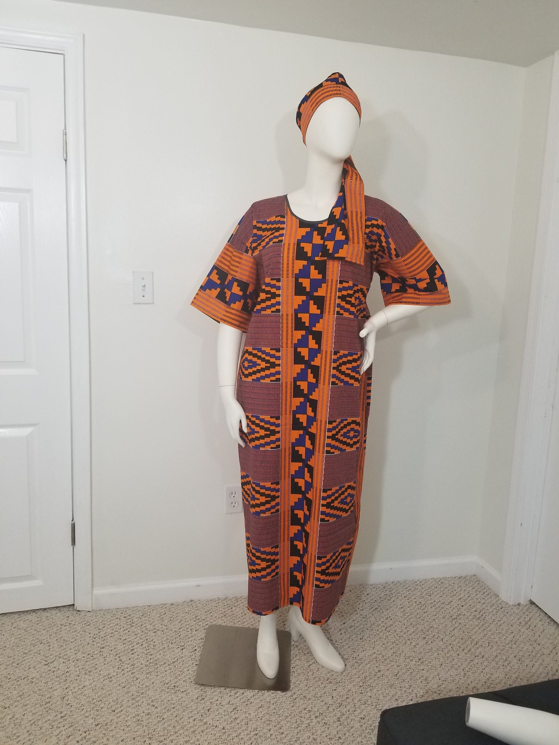 Kente dress w/ scarf dolman sleeve African print kitenge blue and orange cotton (US size 14-20)