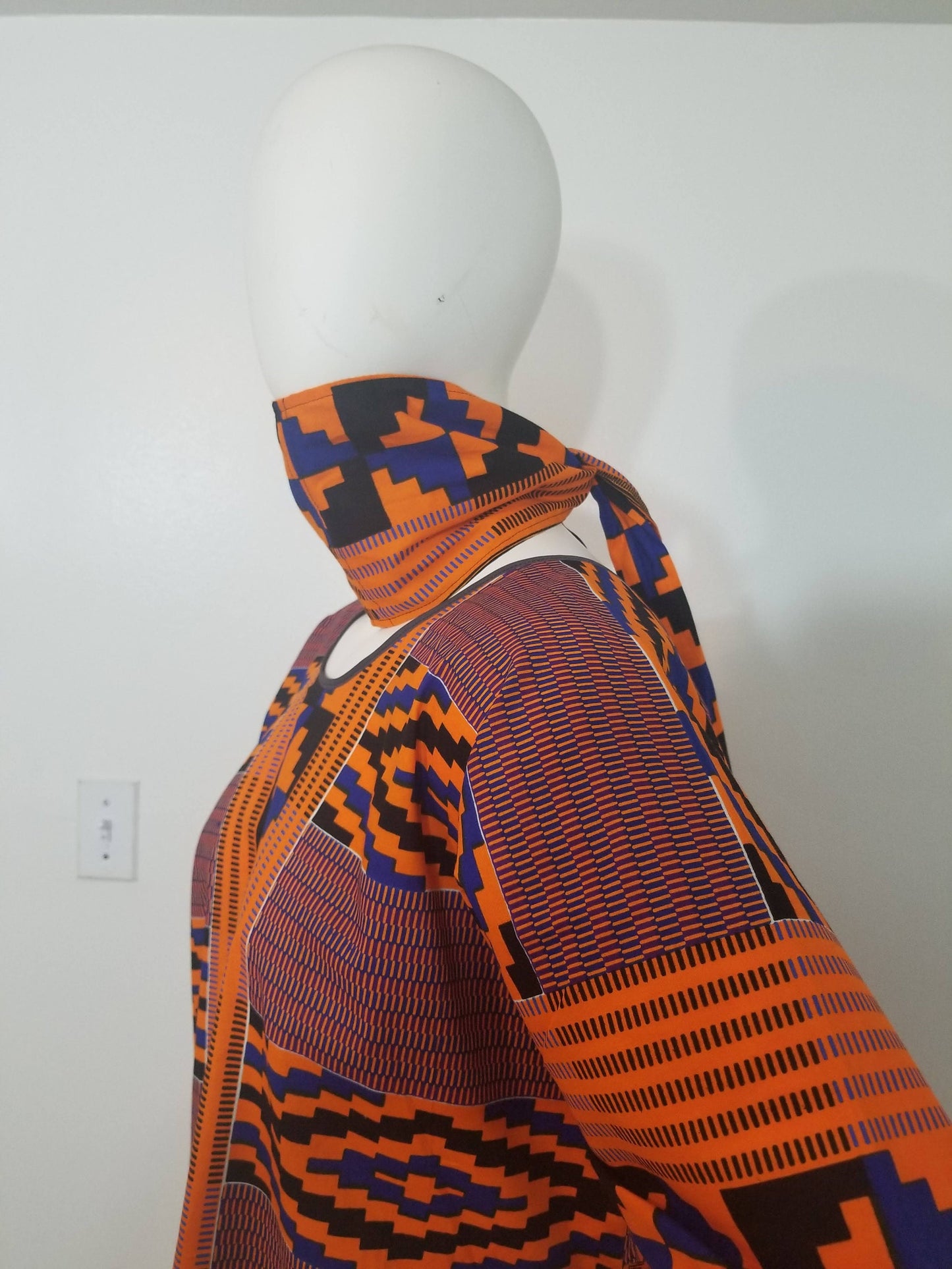 Kente dress w/ scarf dolman sleeve African print kitenge blue and orange cotton (US size 14-20)