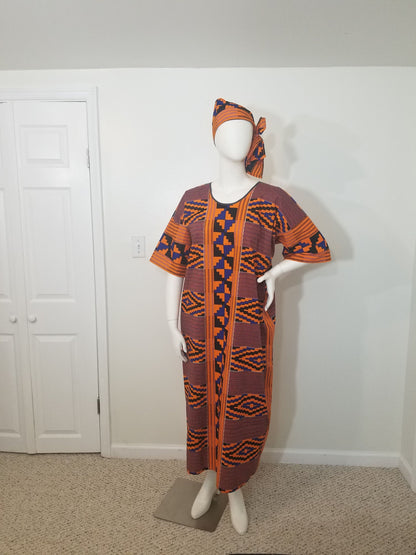 Kente dress w/ scarf dolman sleeve African print kitenge blue and orange cotton (US size 14-20)