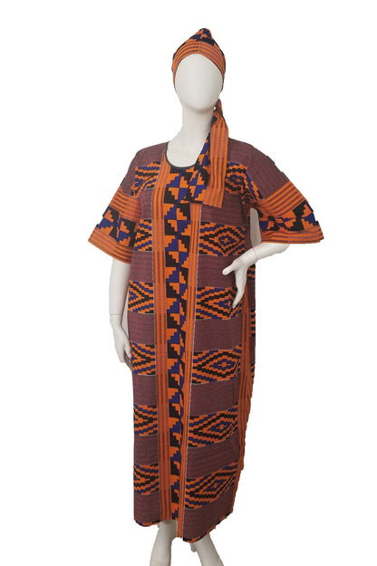 Kente dress w/ scarf dolman sleeve African print kitenge blue and orange cotton (US size 14-20)