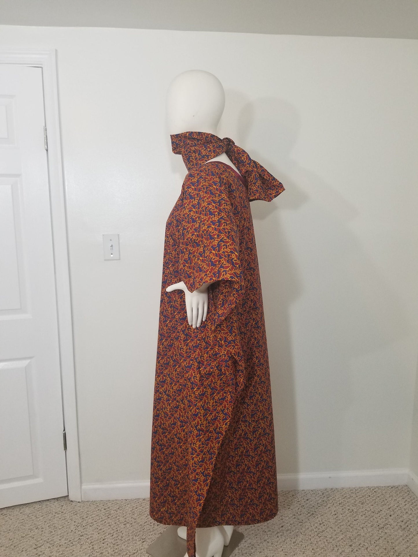Ankara dress w/ scarf caftan African print kitenge kaftan- maroon leaf print on dark blue background cotton (one-size-fits-most up to US 28)