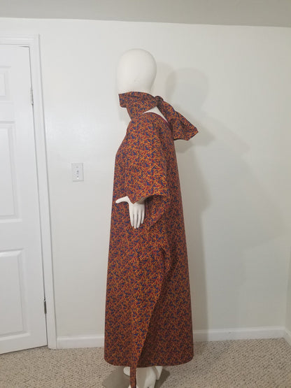 Ankara dress w/ scarf caftan African print kitenge kaftan- maroon leaf print on dark blue background cotton (one-size-fits-most up to US 28)