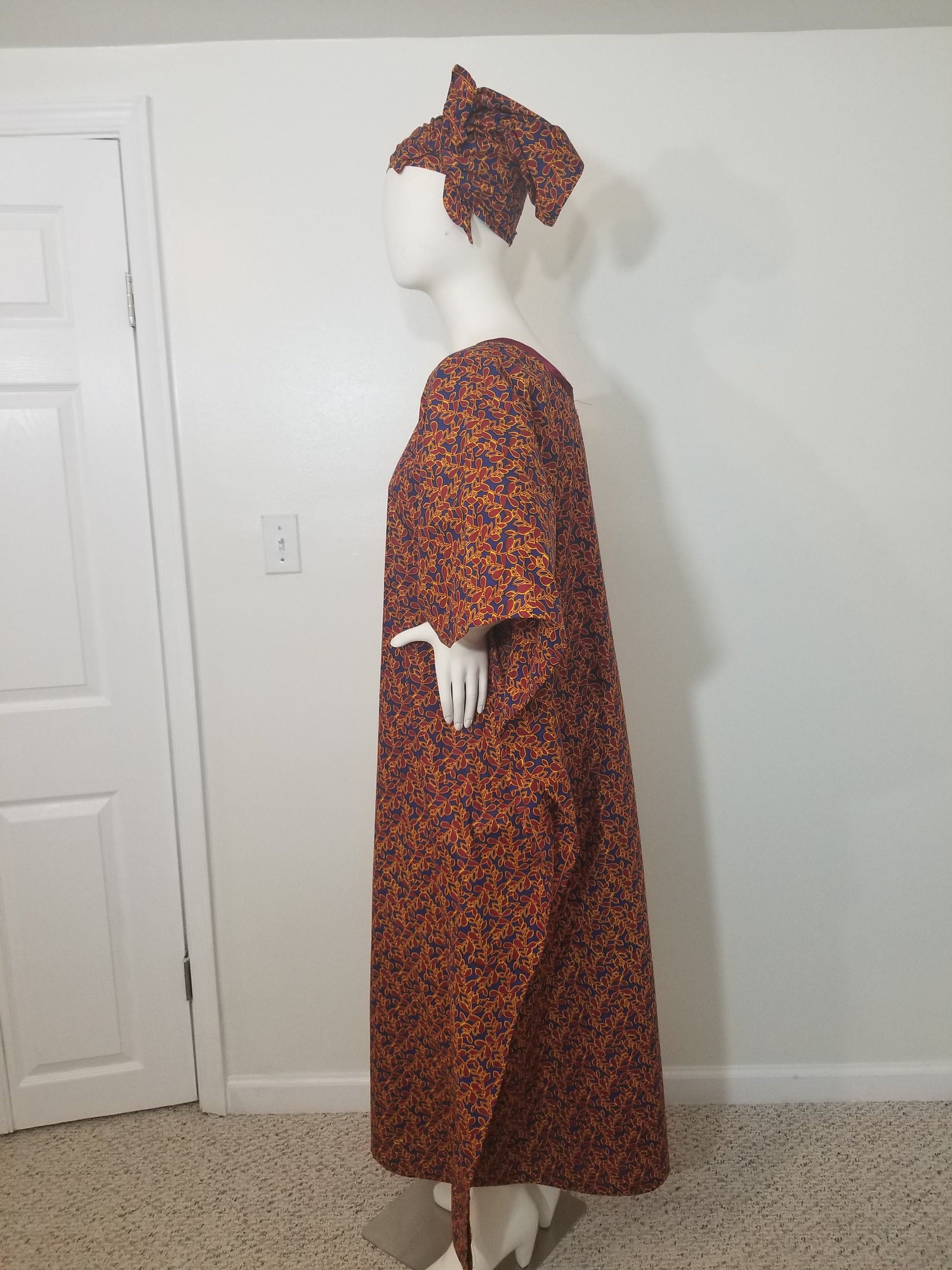 Ankara dress w/ scarf caftan African print kitenge kaftan- maroon leaf print on dark blue background cotton (one-size-fits-most up to US 28)