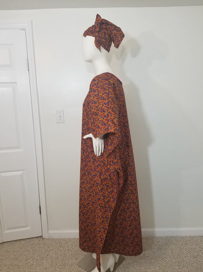 Ankara dress w/ scarf caftan African print kitenge kaftan- maroon leaf print on dark blue background cotton (one-size-fits-most up to US 28)