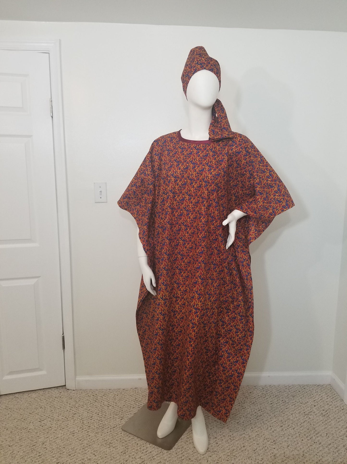 Ankara dress w/ scarf caftan African print kitenge kaftan- maroon leaf print on dark blue background cotton (one-size-fits-most up to US 28)
