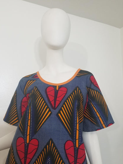Ankara dress raglan sleeve A-line African print kitenge Red hearts and orange diamonds on blue background cotton (US Size 4)