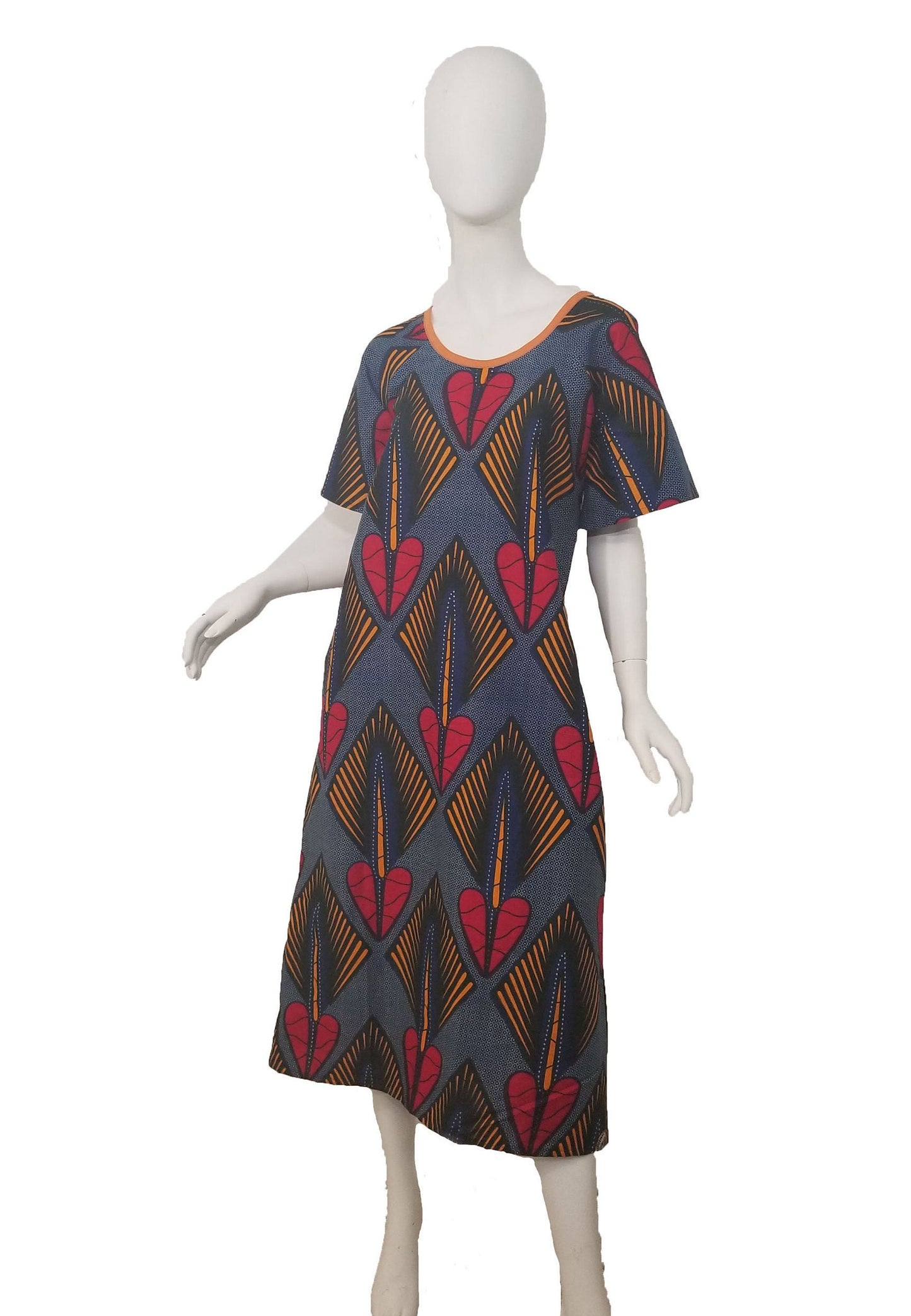 Ankara dress raglan sleeve A-line African print kitenge Red hearts and orange diamonds on blue background cotton (US Size 4)