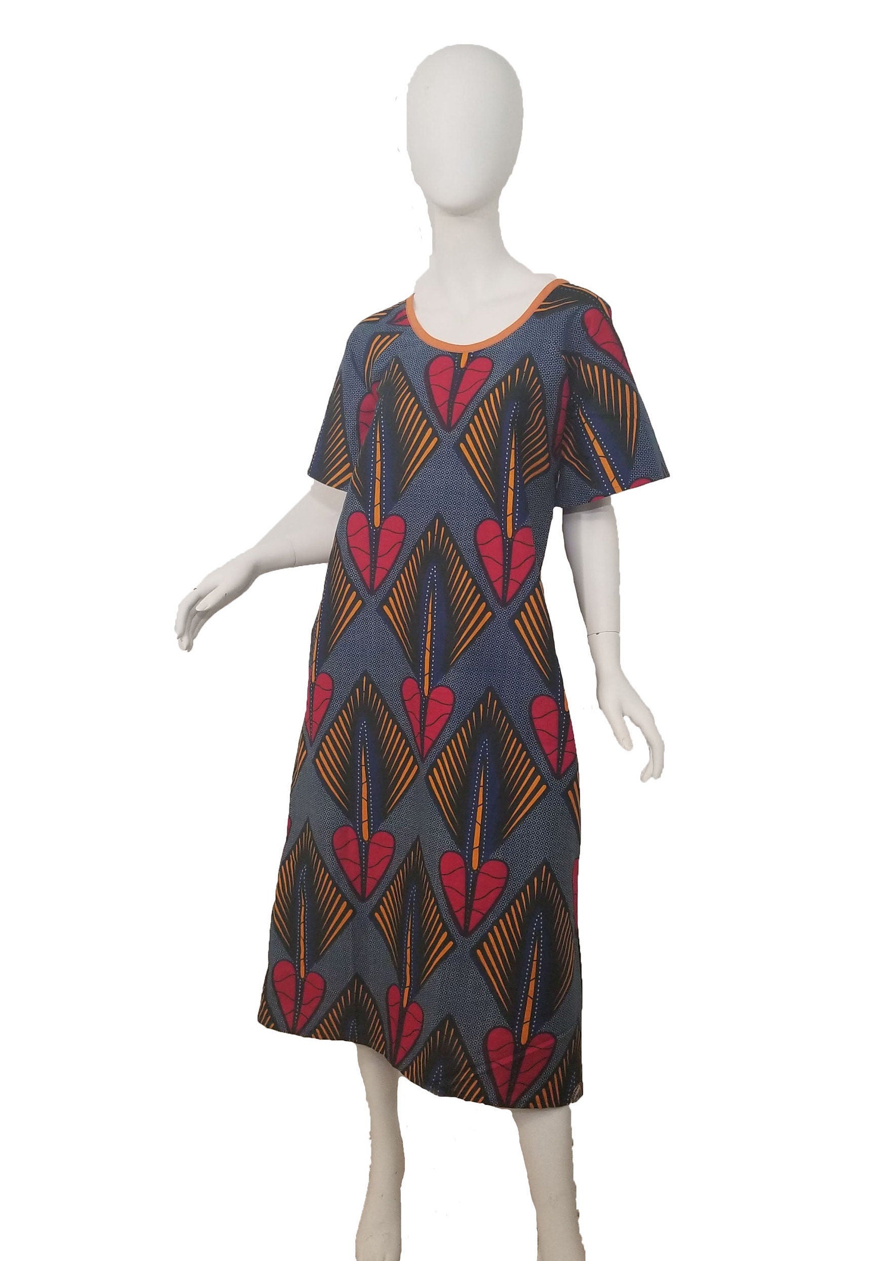 Ankara dress raglan sleeve A-line African print kitenge Red hearts and orange diamonds on blue background cotton (US Size 4)