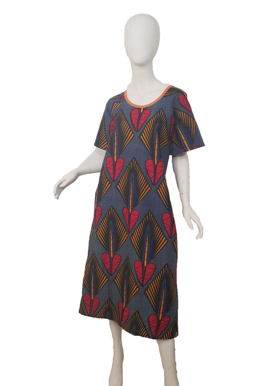 Ankara dress raglan sleeve A-line African print kitenge Red hearts and orange diamonds on blue background cotton (US Size 4)