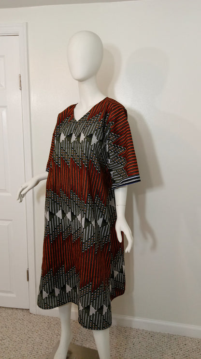 Ankara sun dress dolman sleeve African Print Kitenge with matching hair tie - black, orange and white woven look cotton (US Size 12-16)