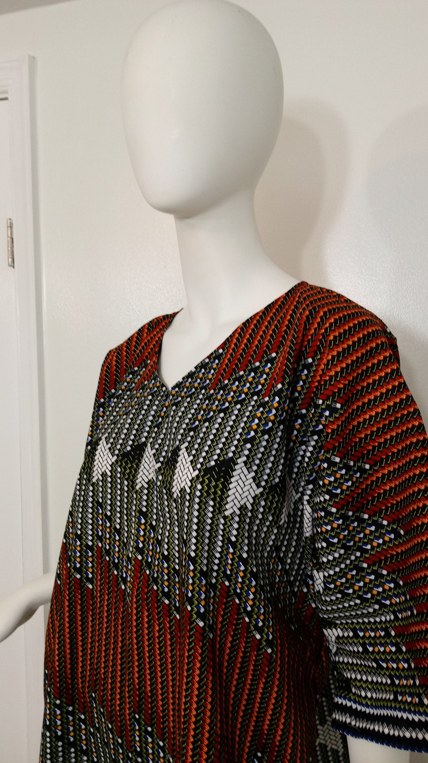 Ankara sun dress dolman sleeve African Print Kitenge with matching hair tie - black, orange and white woven look cotton (US Size 12-16)