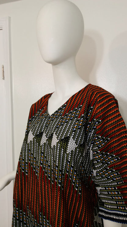 Ankara sun dress dolman sleeve African Print Kitenge with matching hair tie - black, orange and white woven look cotton (US Size 12-16)