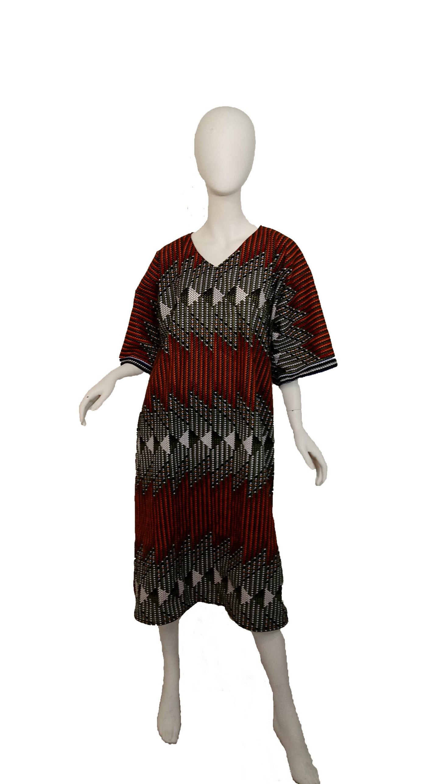 Ankara sun dress dolman sleeve African Print Kitenge with matching hair tie - black, orange and white woven look cotton (US Size 12-16)
