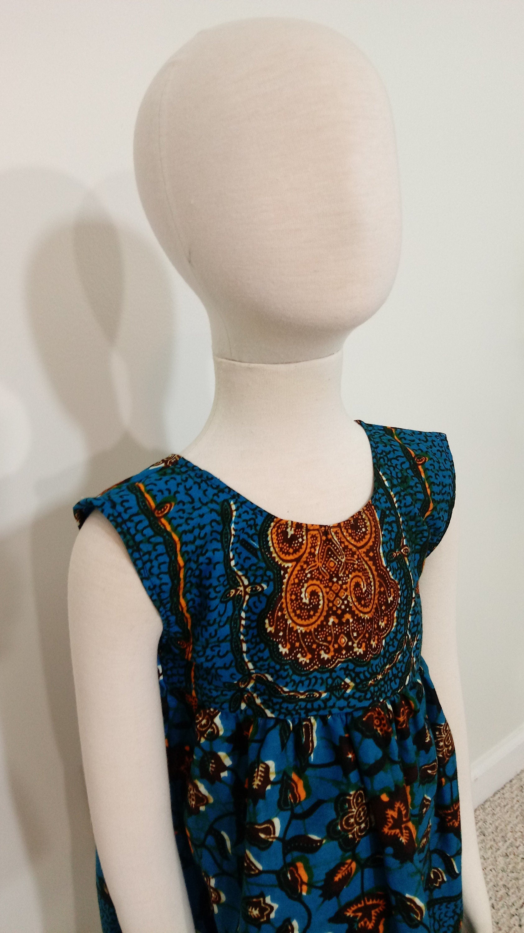Girl's 4T ankara sun dress Blue, Orange and Brown Kitenge African print cotton