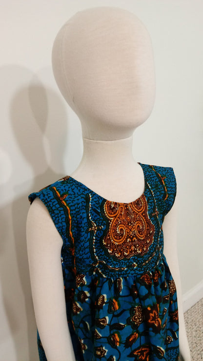 Girl's 4T ankara sun dress Blue, Orange and Brown Kitenge African print cotton