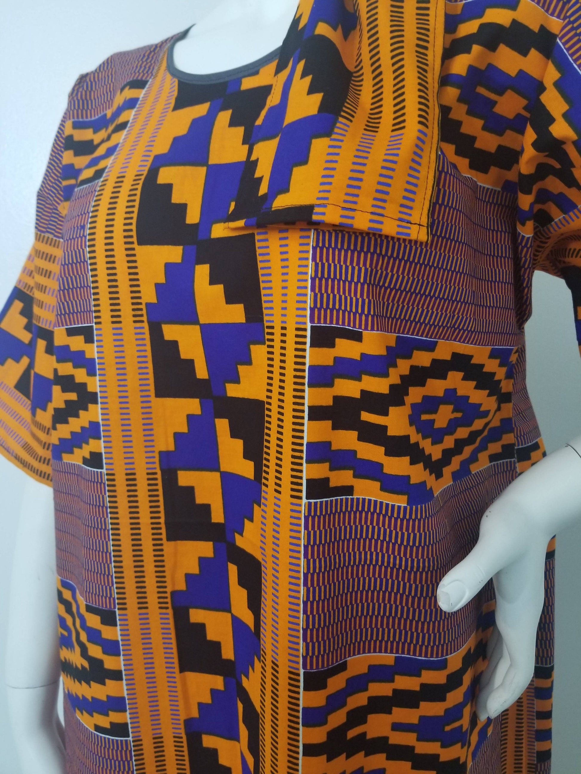 Kente dress w/ scarf dolman sleeve African print kitenge blue and orange cotton (US size 14-20)