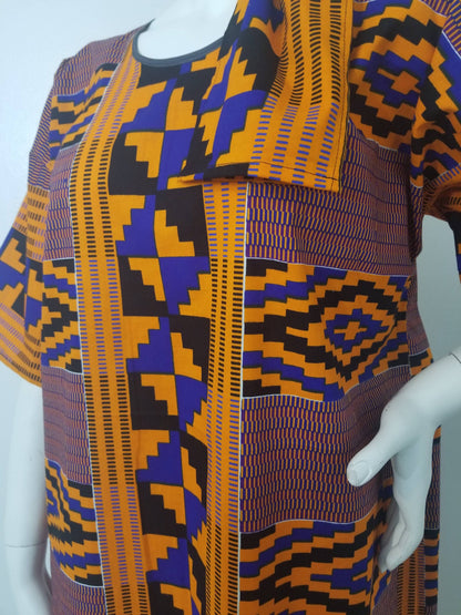 Kente dress w/ scarf dolman sleeve African print kitenge blue and orange cotton (US size 14-20)