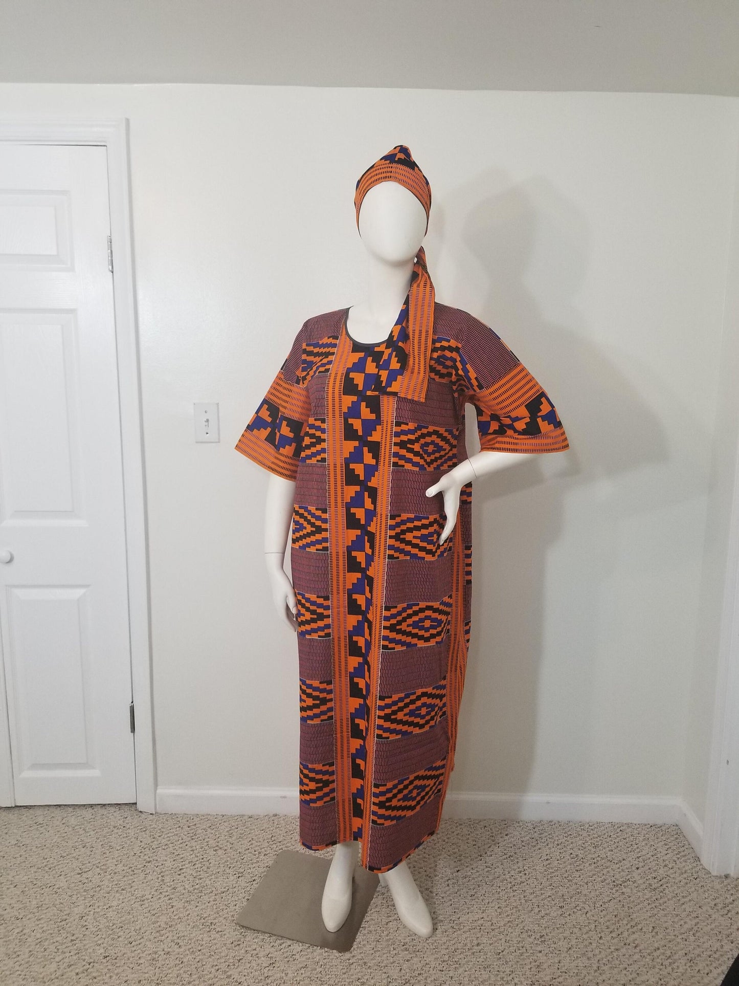 Kente dress w/ scarf dolman sleeve African print kitenge blue and orange cotton (US size 14-20)