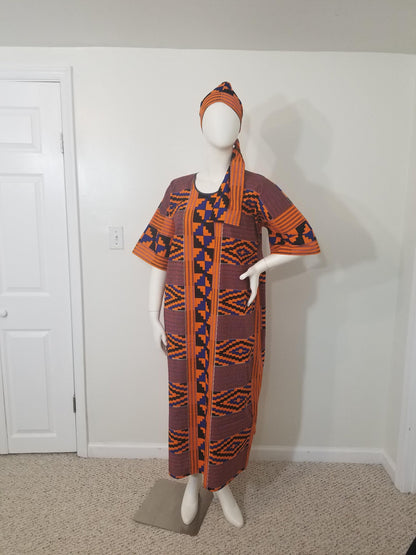 Kente dress w/ scarf dolman sleeve African print kitenge blue and orange cotton (US size 14-20)