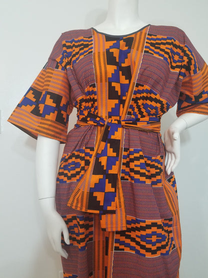 Kente dress w/ scarf dolman sleeve African print kitenge blue and orange cotton (US size 14-20)