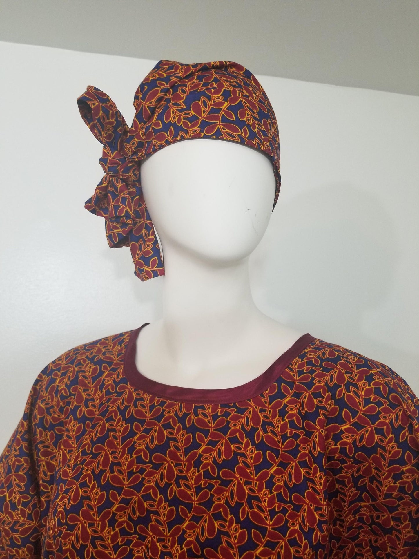 Ankara dress w/ scarf caftan African print kitenge kaftan- maroon leaf print on dark blue background cotton (one-size-fits-most up to US 28)