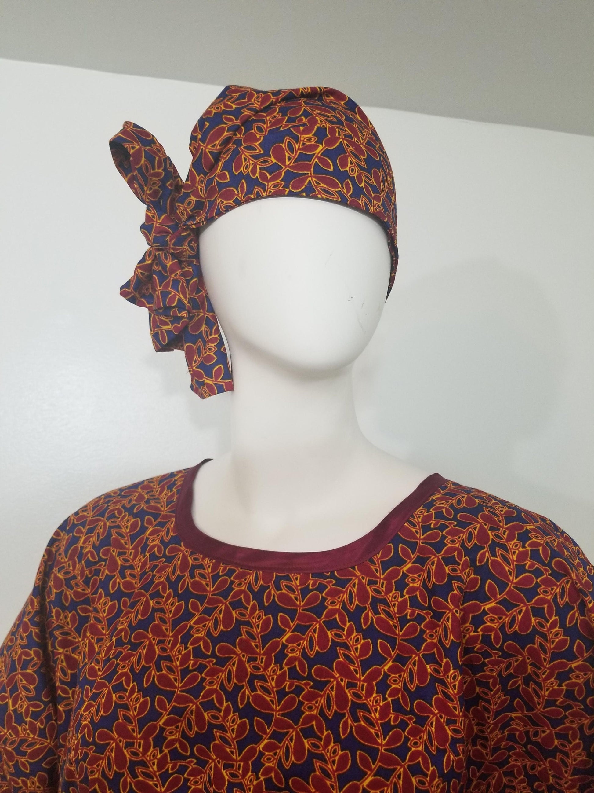 Ankara dress w/ scarf caftan African print kitenge kaftan- maroon leaf print on dark blue background cotton (one-size-fits-most up to US 28)